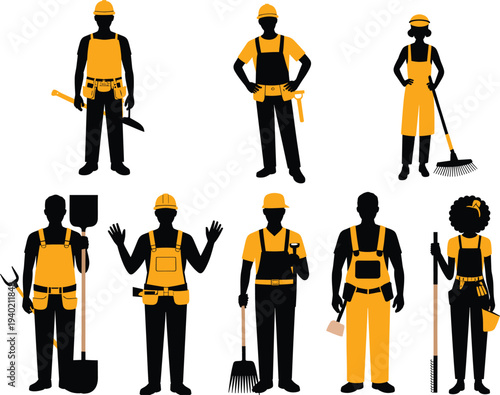 Construction workers and laborers silhouettes with tools, builders, gardeners and maintenance staff set isolated vector illustration for construction, repair, cleaning and service industry