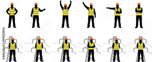Electrical power line worker silhouettes with safety helmet and reflective vest, engineers standing near transmission towers, electricity maintenance and utility industry vector illustration