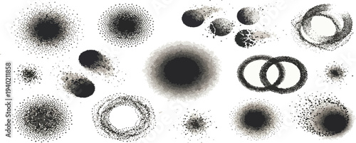 Gradient dissolve noise circles and dots collection. Dust grainy round shape with stipple effect. Hand drawn vector aerosol effect. Dotted grunge graffiti circles and round shapes. Dust texture.