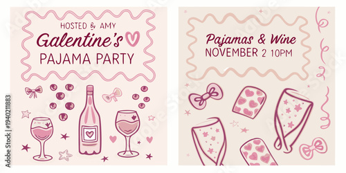 Galentine s pajama party invitation with wine and heart themed illustrations
