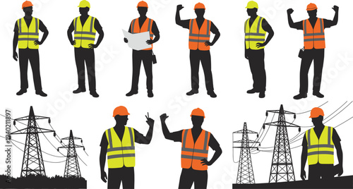 Electrical power line workers with safety helmets and reflective vests, engineers near transmission towers vector illustration for electricity maintenance, energy industry concept