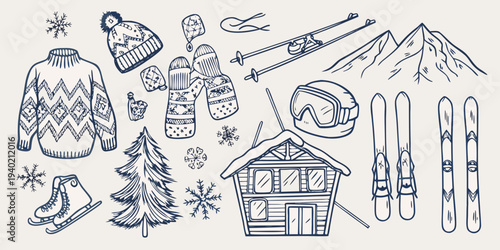 Winter sports equipment and cozy clothing sketched in a blue line art style