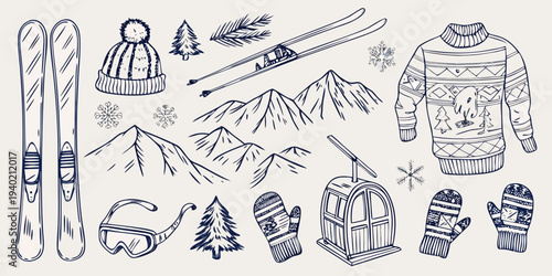 Winter sports equipment and mountain scenery in a sketch style