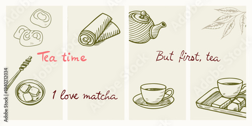 Vintage style illustrations of tea objects and accompanying handwritten text