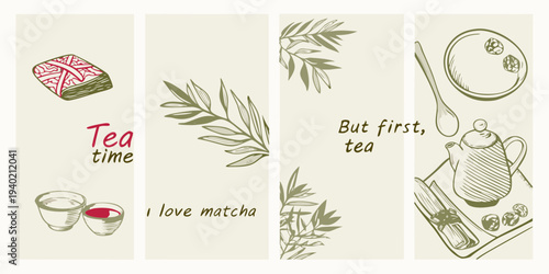 A set of illustrated banners promoting tea and matcha enjoyment