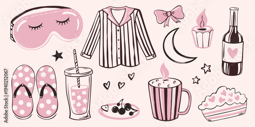 A collection of cozy bedtime items illustrated in a soft pink palette