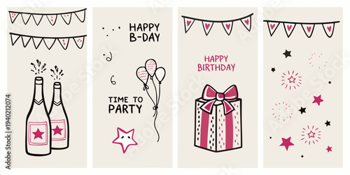 Festive birthday card set with balloons gifts and celebratory elements