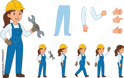 Female construction worker cartoon character with tools and safety helmet, builder animation poses and body parts vector illustration for engineering and construction industry