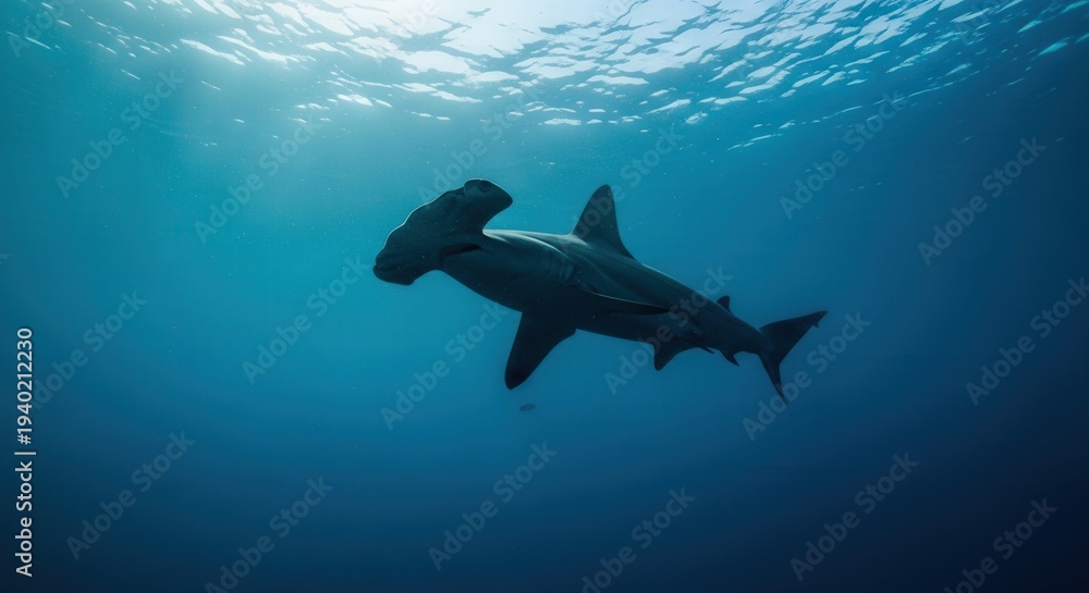 Obraz premium Majestic Hammerhead Shark Swimming Gracefully in Deep Ocean Waters