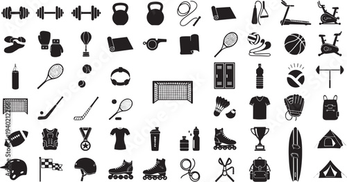 A comprehensive collection of black and white silhouette icons representing various sports and fitness equipment, perfect for health and wellness themes.