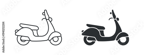 Scooter icon set, classic motor scooter transportation vehicle, in outline and solid silhouette style. Vector illustration.