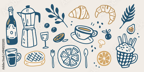 A charming collection of hand drawn breakfast and coffee illustrations