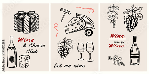 Elegant wine and cheese themed illustrations for banners or social media