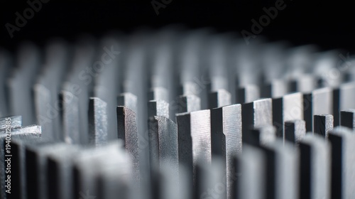 Metal heatsink fins in close up view. Computer component cooling system for processor. Electronic hardware engineering detail for heat dissipation and thermal management in industry.