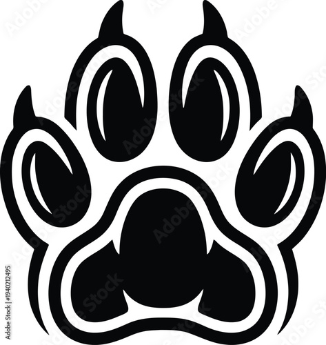 Black and white vector illustration of a paw print with bold outlines and smooth curves