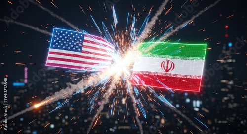 Conceptual Conflict Between USA and Iran Flags with Explosive Sparks