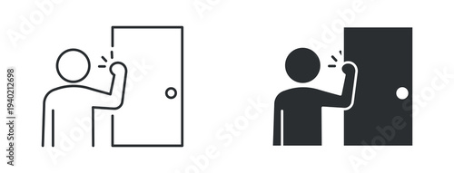 Door knocking icon set, person knocking on door symbol, in outline and solid silhouette style. Vector illustration.