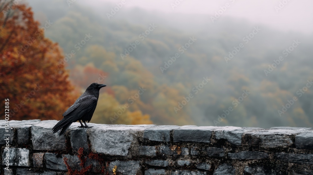 Fototapeta premium Black raven sitting on a stone wall against foggy forest background. Wild bird in autumn landscape. Mysterious wildlife scene, dark nature atmosphere, gothic mood and moody environment.