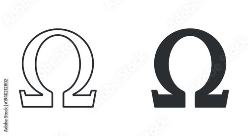 Omega symbol icon set, Greek letter omega sign, in outline and solid silhouette style. Vector illustration.