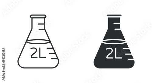 Laboratory flask icon set, measuring chemistry beaker 2 liter container, in outline and solid silhouette style. Vector illustration.