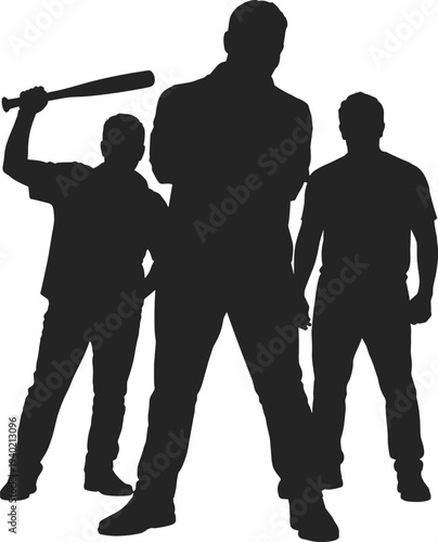 Silhouette group, three people, dramatic stance, baseball bat figure, confrontation posture, unity strength, black and white design, intensity art, urban concept, anonymous scene