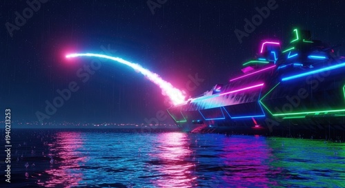 Futuristic Laser Weapon System Firing Neon Beam from Sea Platform