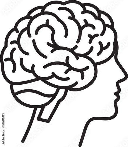 Black line of human head in profile with brain exposed line black lines white background