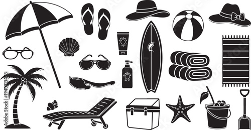 A collection of black and white vector icons representing summer beach vacation essentials, perfect for design projects related to travel, leisure, and holidays.