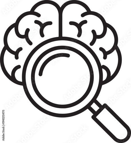 Black line of magnifying glass over brain line black white background symbol
