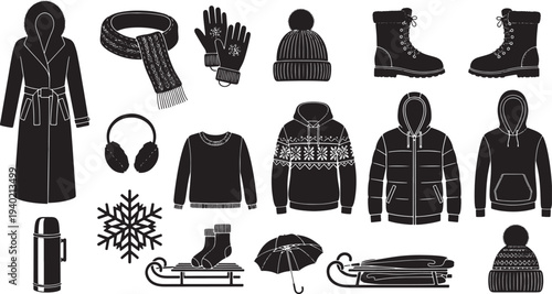 A curated collection of essential winter clothing and accessories for cold weather, featuring coats, hats, scarves, gloves, boots, sleds, and a thermos, perfect for seasonal promotions.
