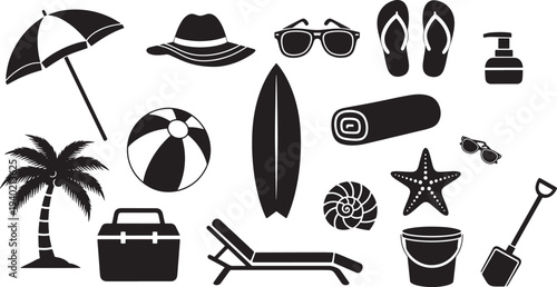 A collection of black and white vector icons representing beach and summer vacation essentials, perfect for design projects related to travel, leisure, and relaxation.