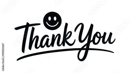 Thank You Hand Lettering Typography With Smiley Icon, Cute Appreciation Message Design In Modern Script Style For Greeting Card Banner Poster Sticker Or Social Media Graphic 