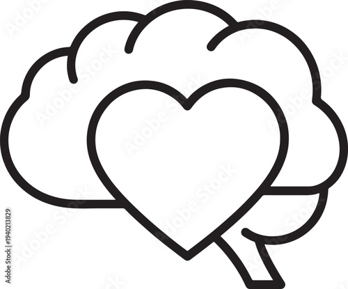 Black line of a brain with a heart in the center line black white symbol