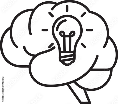Black line of a brain with a lightbulb cartoon