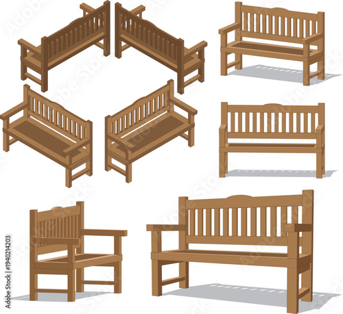 A set of eight wooden park benches angled differently. Their design is classic, featuring armrests on both sides and painted in a medium brown hue, suggesting a natural and timeless look.