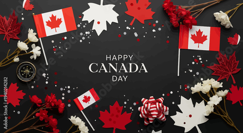 Celebrate Canada Day with festive maple leaves, flags, and sparkling decorations on a dark background, perfect for holiday greetings and graphic design