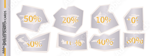 Set of promotional scratch cards with percentages and silver foil scratch effect. Collection of used scratch-off with discounts for promotions, loyalty programs, coupons, gift cards, lottery tickets.