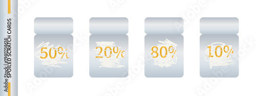 Silver discount coupon, scratch card with worn layer. Gift voucher with reduced interest rates. Win, winner of the game. Worn surface lottery ticket. A set of used scratch cards with scrape texture.