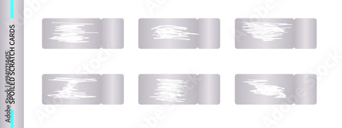 Silver coupon, scratch card with worn layer. Gift voucher winnings verification. Win, winner of the game. Worn surface lottery ticket. A collection of used, scratch cards, coupons with scrape texture.