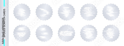 Round silver scratch cards, holiday stickers with a damaged surface. A worn silver coupon, scratched surface lottery ticket view the prize. A set of used scratch cards with scrape texture.