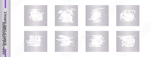 Silver scratch card. Win with reward, happy winner of the game. Worn surface lottery ticket, sticker with shabby layer. Used scratch card, collection of opened winning coupons or voucher, old texture.