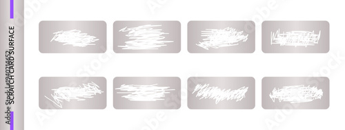 Damaged scratch card surface. Silver lottery ticket, sticker with worn layer. Used scratch card, collection of opened winning coupons, aged texture on the ticket. Vector illustration.