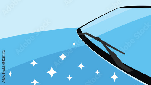 Car Windshield With Wiper Cleaning Glass Illustration, Vehicle Windshield Wiper Removing Water Drops With Sparkle Effect, Auto Maintenance Concept In Minimal Flat Design Style 