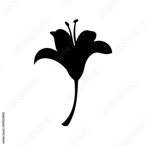 Black Silhouette of a Lily Flower with Stem and Stamens on White