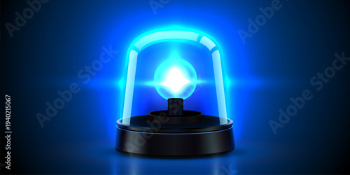 Bright blue emergency siren light on a dark background.