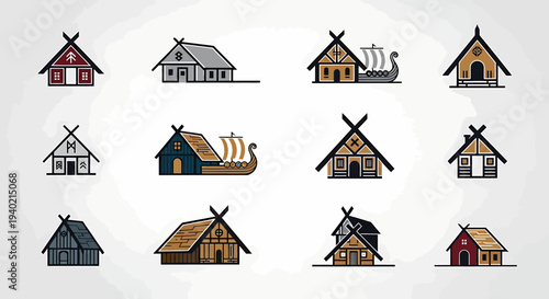 Vector icon set of traditional Viking and Nordic houses, illustrating ancient longhouse architecture and historical village dwellings with a unique, stylized design