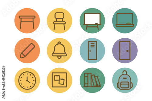Educational and school supplies flat vector icon collection, colorful circle icons of classroom furniture and stationery