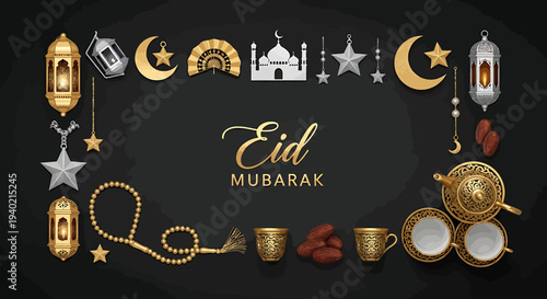 Luxurious Golden Eid Mubarak Greeting Card Design with Traditional Islamic Ornaments and Festive Elements Artistically Arranged on a Dark Background