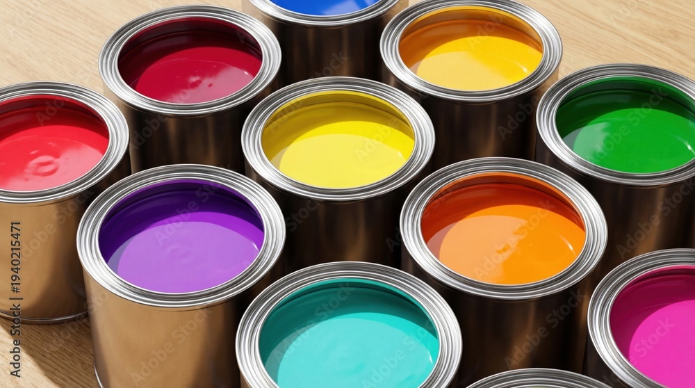 Fototapeta premium A collection of paint cans in various vibrant colors including red, purple, yellow, green, orange, and blue arranged on a wooden surface.