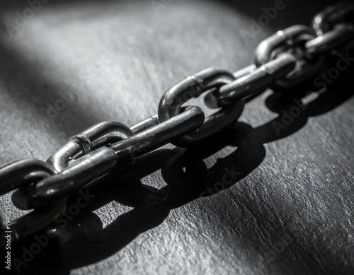 Symbol of enduring strength and unbreakable connection, a metallic chain with stark shadows